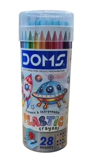 Doms 28 Shades Erasable Plastic Crayons Round Tin Box- Includes Yellow, Orange & Pink Neon Shades, 1 E-Racer Eraser & 1 Pencil Sharpener| Smooth & Bright Colours| Pack of 1